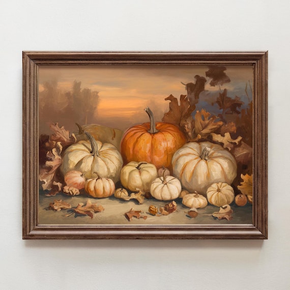 Vintage Fall Harvest Pumpkins Autumn Leaves Sunset Still Life Poster
