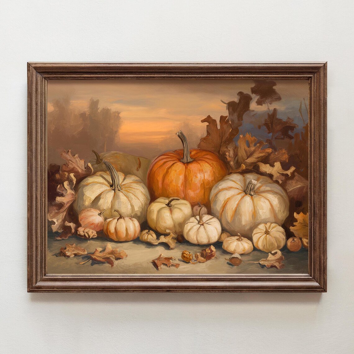 Vintage Fall Harvest Pumpkins Autumn Leaves Sunset Still Life Poster