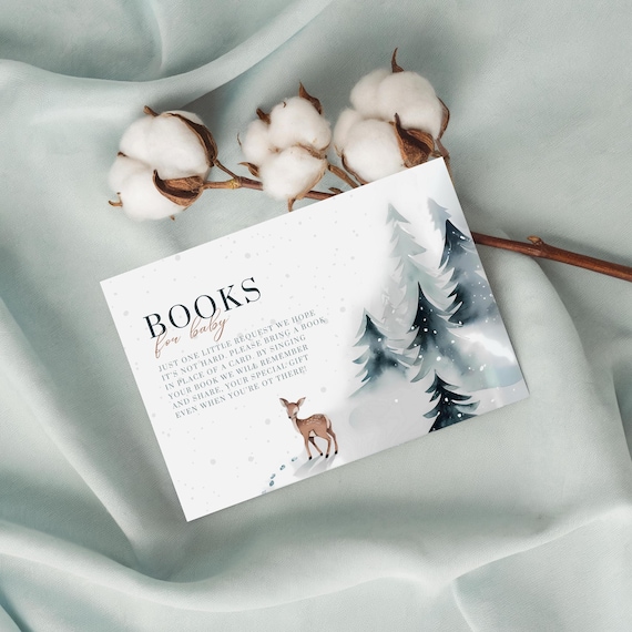 Sweet Books for Baby Shower Request Card Winter Deer Pines Print