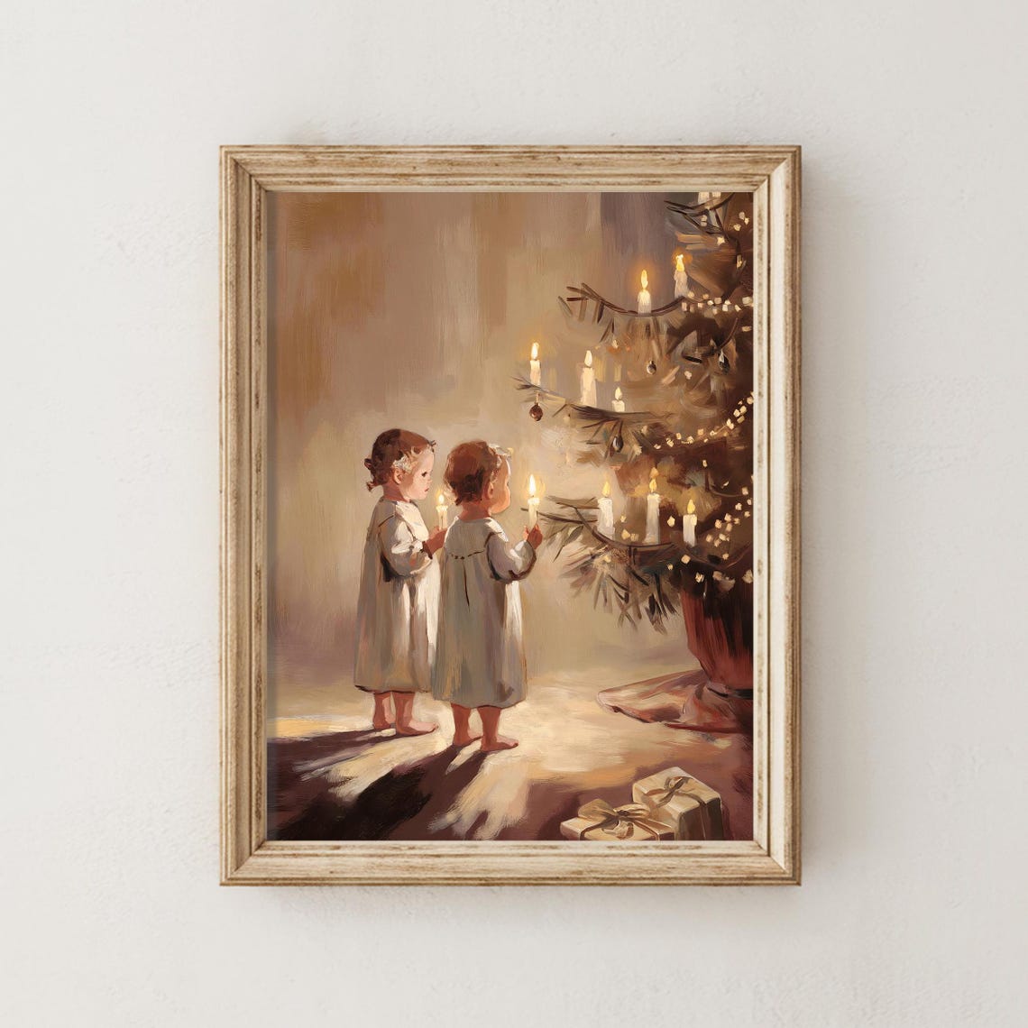 Vintage Children With Candles by Christmas Tree Night Poster