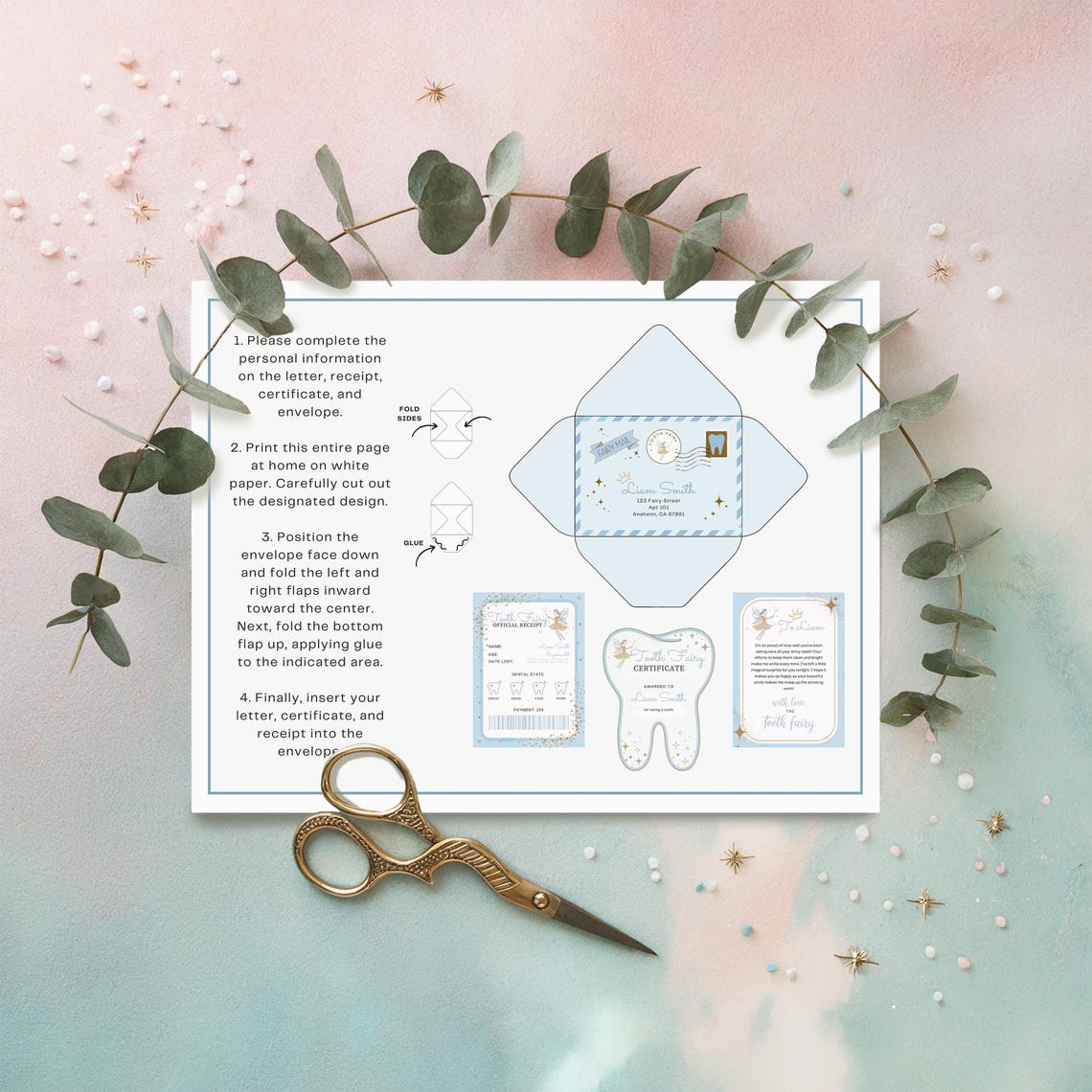 Tooth Fairy Letter Set Blue Fairy Mail Certificate Keepsake Print - Image 4