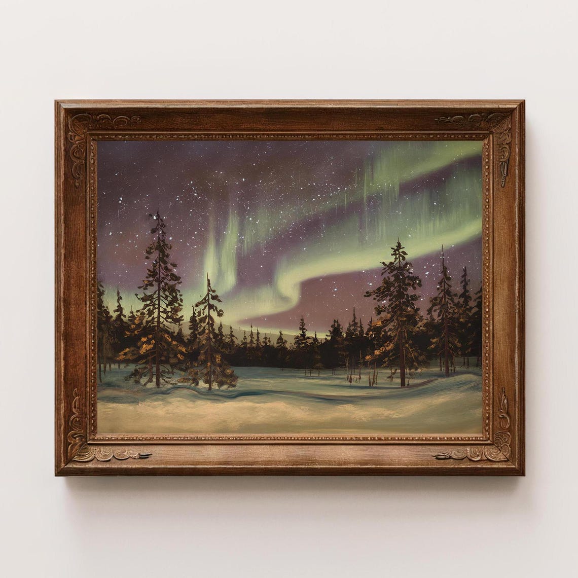 Aurora Borealis Night Sky Snowy Pines Forest Winter Landscape Poster