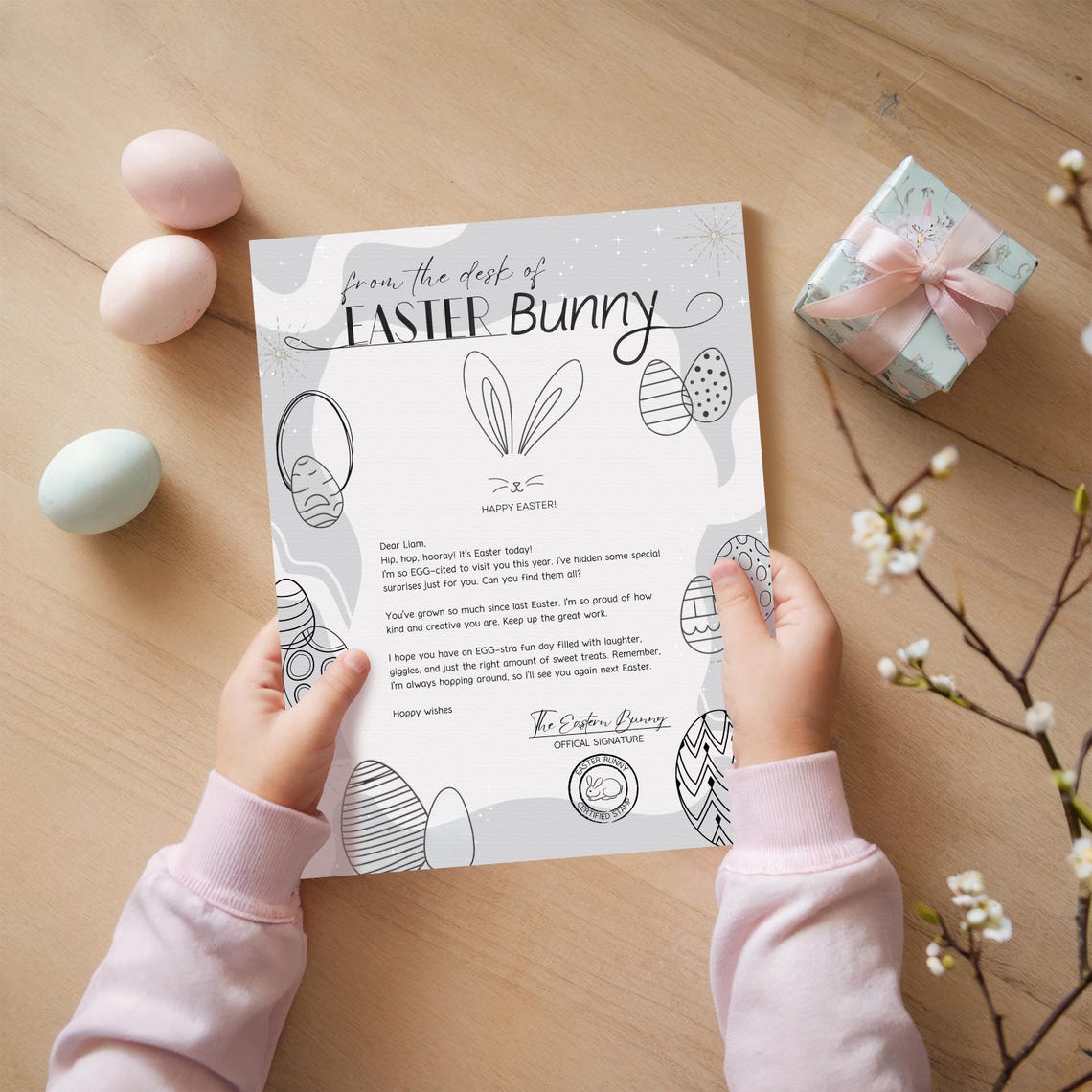 Easter Bunny Letter Black White Line Art Eggs Magic Printable Print - Image 3