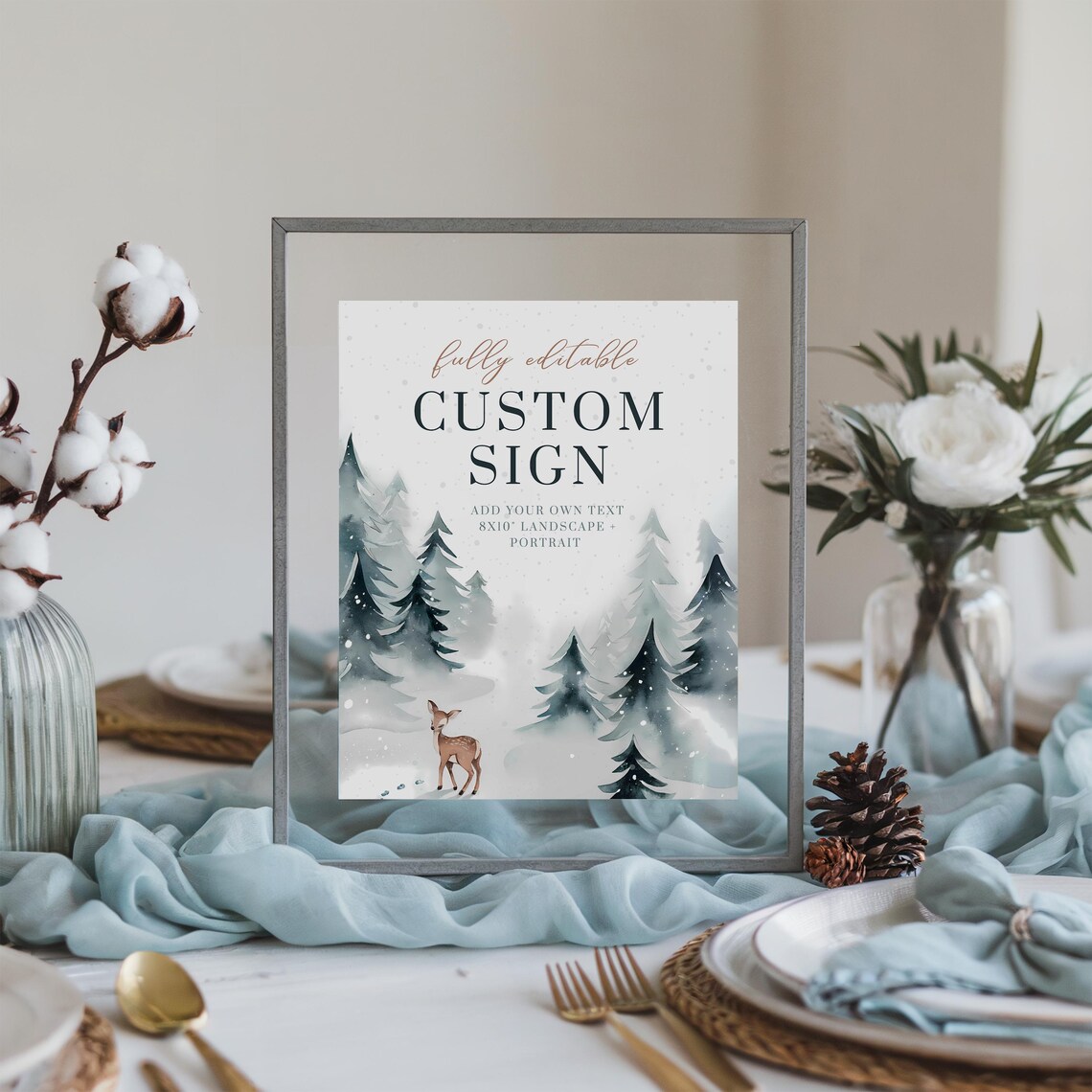 Elegant Winter Baby Shower Custom Sign Template Deer Pines Print