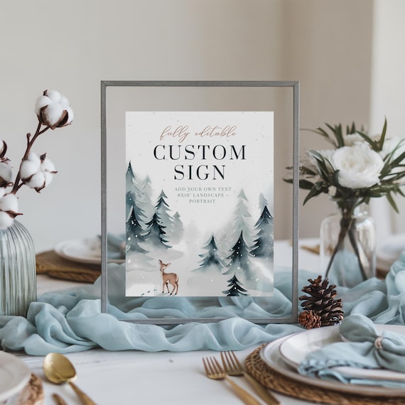 Elegant Winter Baby Shower Custom Sign Template Deer Pines Print