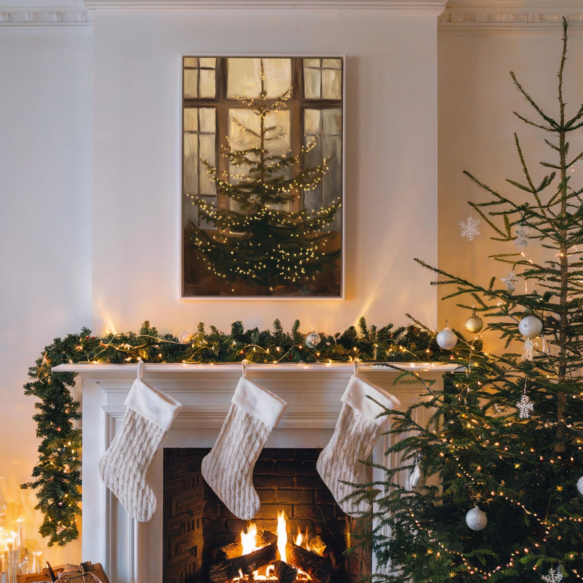 Moody Christmas Tree Fairy Lights Tall Windows Painting Poster - Image 3