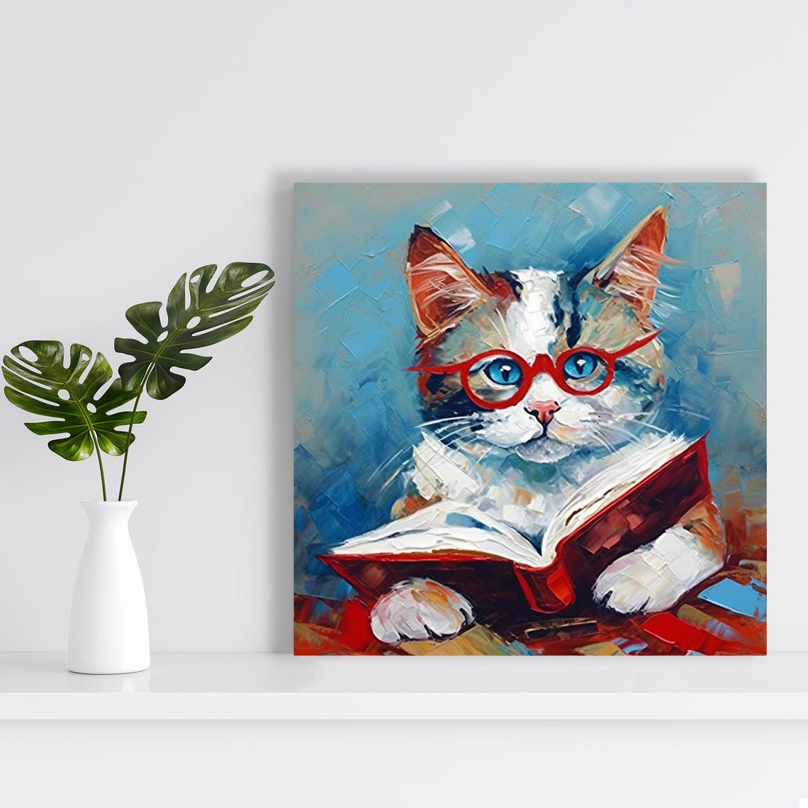 Cute Cat Reading Book Red Glasses Scholarly Library Animal Art Poster - Image 2