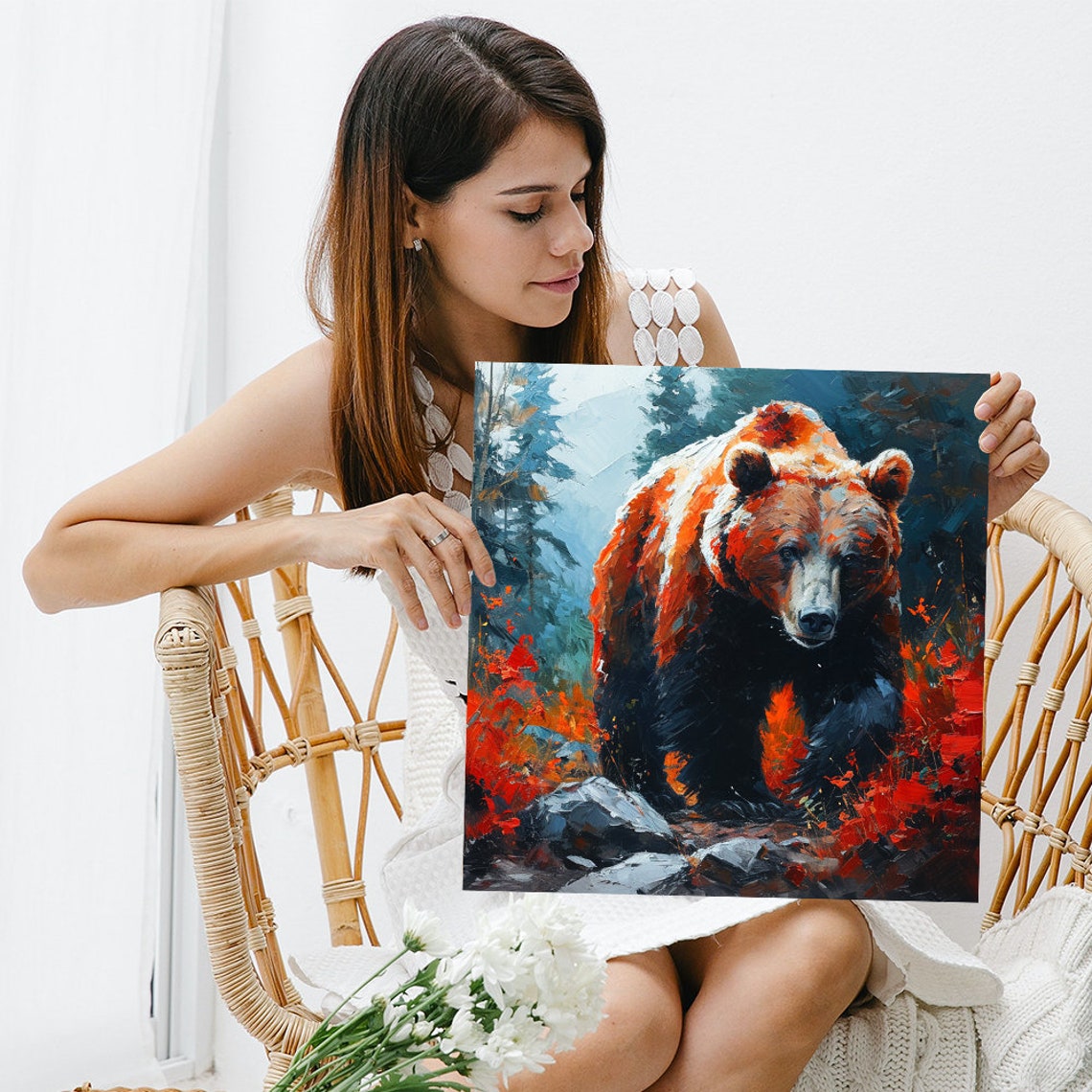 Grizzly Bear Walking Through Fiery Red Autumn Forest Bold Oil Poster - Image 3