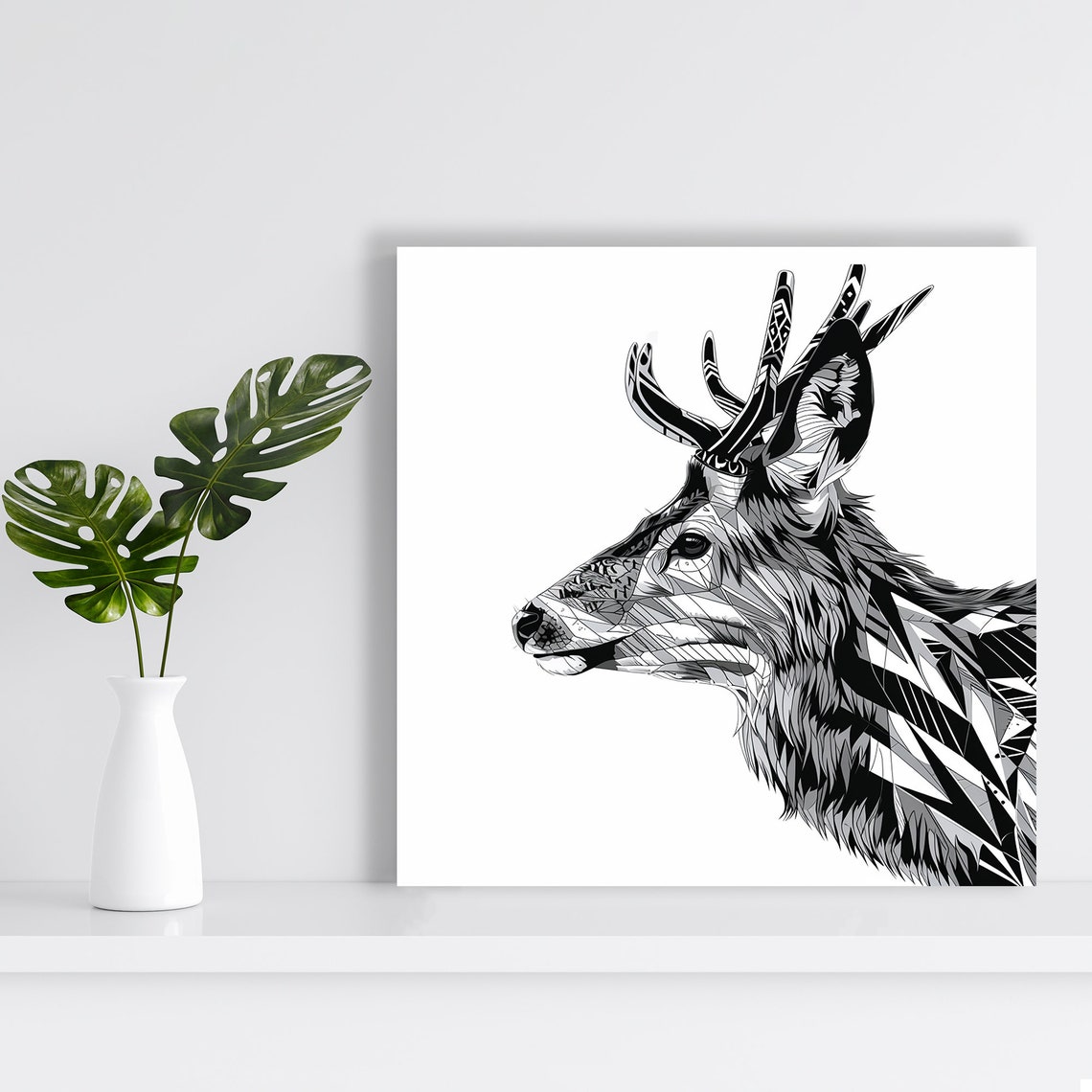 Geometric Black and White Stag Profile Modern Line Art Wall Poster - Image 2