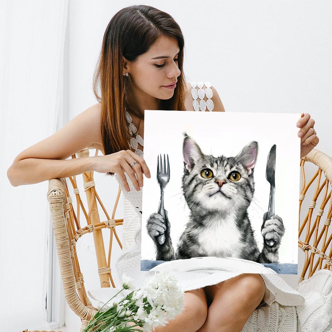Hungry Tabby Cat With Fork And Knife Funny Kitchen Wall Art Poster - Image 3
