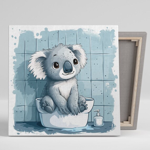 Baby Koala Bathtub Bath Time Cute Blue Watercolor Nursery Wall Art