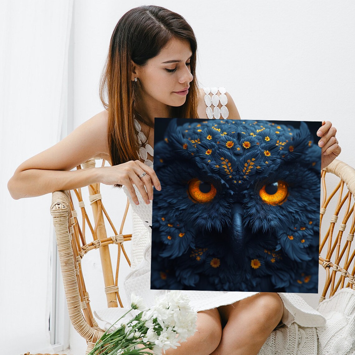 Mystical Dark Owl Face Glowing Orange Eyes Blooming Flowers Gothic Art Poster - Image 3