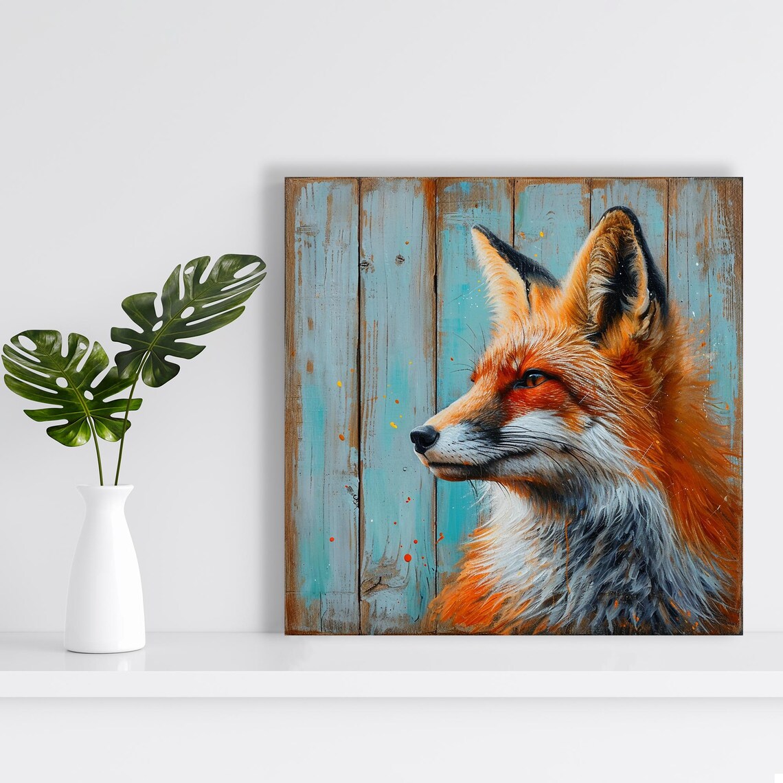 Red Fox Profile Portrait Turquoise Painted Fence Rustic Nature Wall Art Poster - Image 2