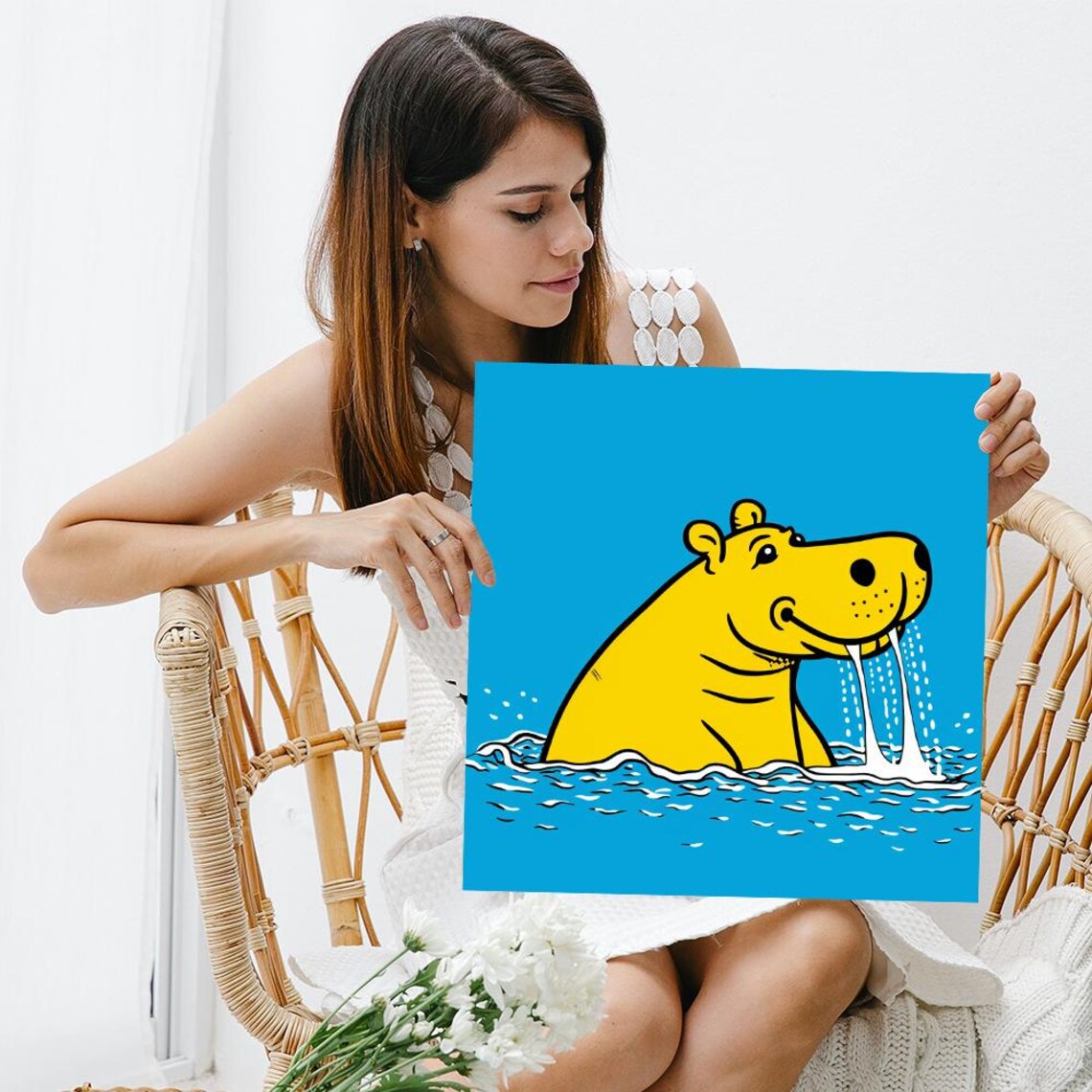 Yellow Cartoon Hippo Splashing In Bright Blue Water Pop Poster - Image 3