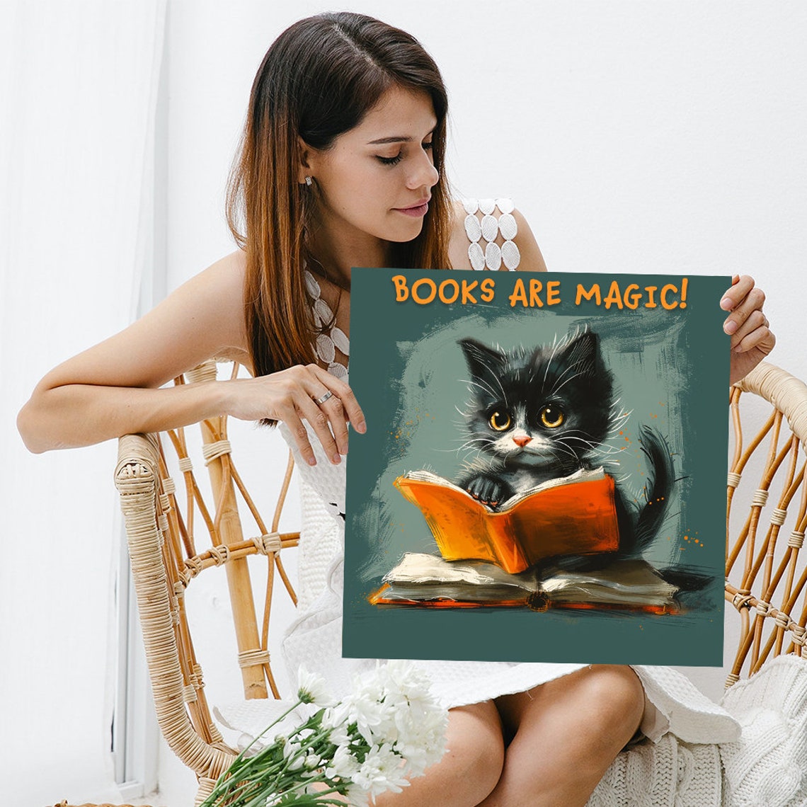 Books Are Magic Black Kitten Reading Orange Book Nursery Poster - Image 3