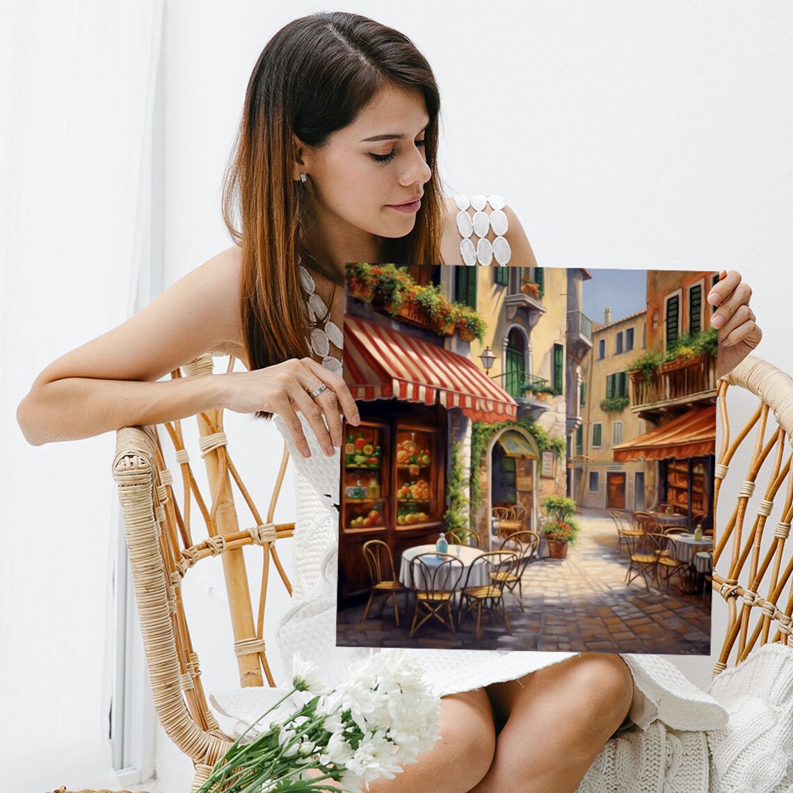 Sunny Mediterranean Cafe Street Striped Awnings Bistro Scene Poster - Image 5