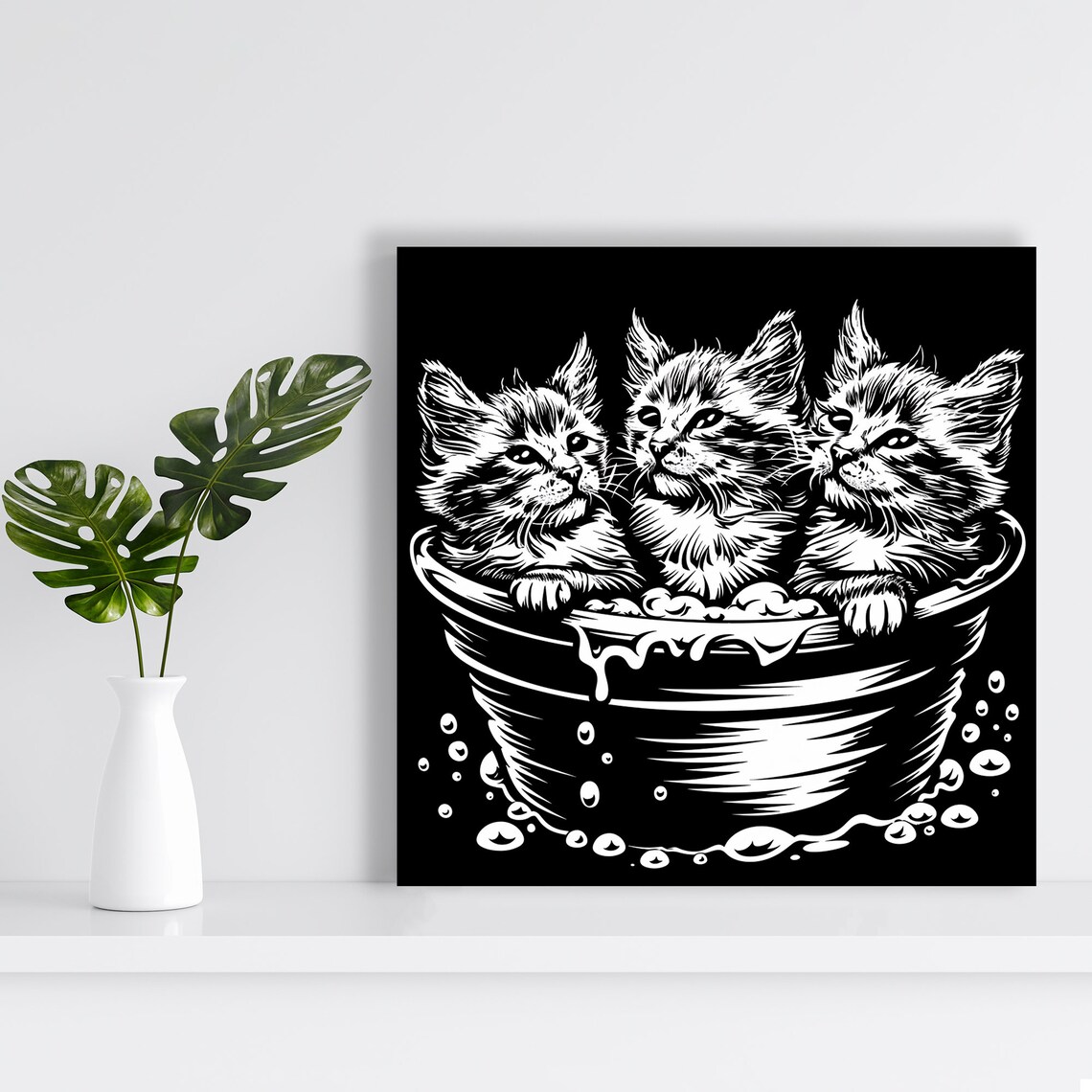 Trio Of Kittens Bath Time Black White Ink Bucket Cute Nursery Wall Poster - Image 2
