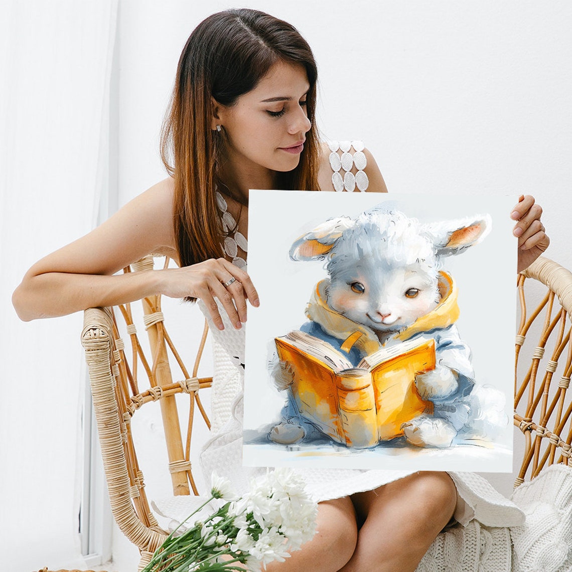 Sweet Lamb Reading Book Watercolor Scholarly Animal Wall Poster - Image 3