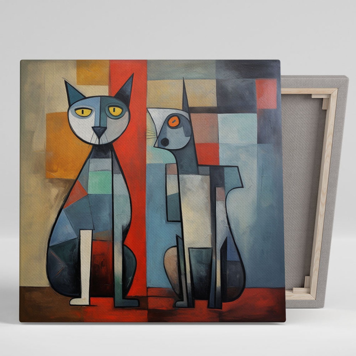 Two Cubist Cats Sitting Abstract Geometric Gray Blue Red Feline Poster