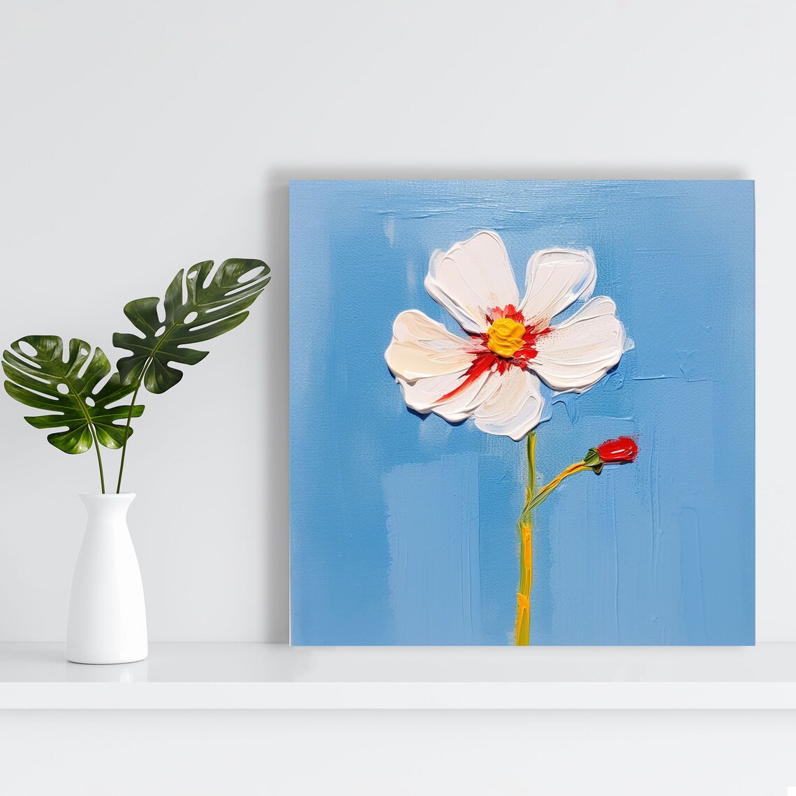 White On Blue Floral Art Print, Orange Blooms - Image 4