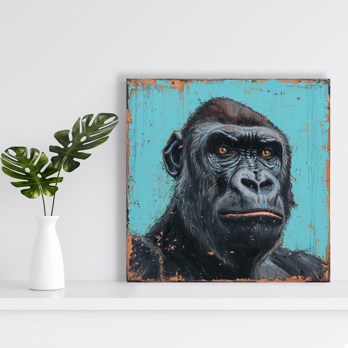 Gorilla Portrait Turquoise Distressed Wood Rustic Urban Art Poster - Image 2