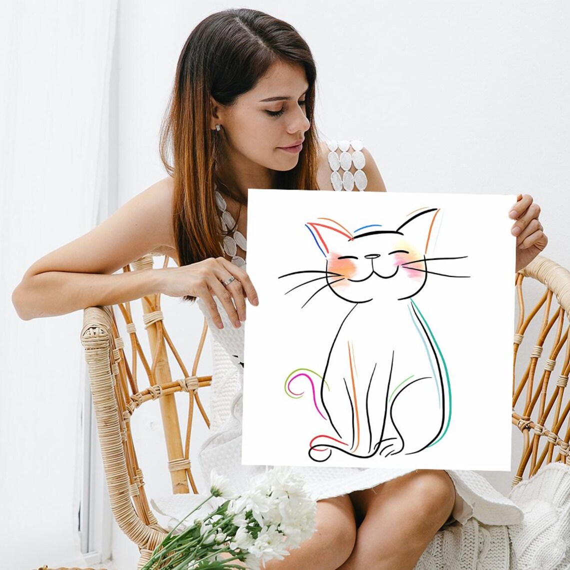 Happy Minimalist Cat Line Drawing Colorful Accents Wall Art Poster - Image 3