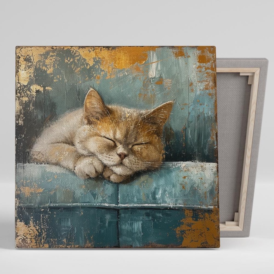 Sleepy Kitten Napping Vintage Couch Rustic Painterly Cat Wall Art Poster