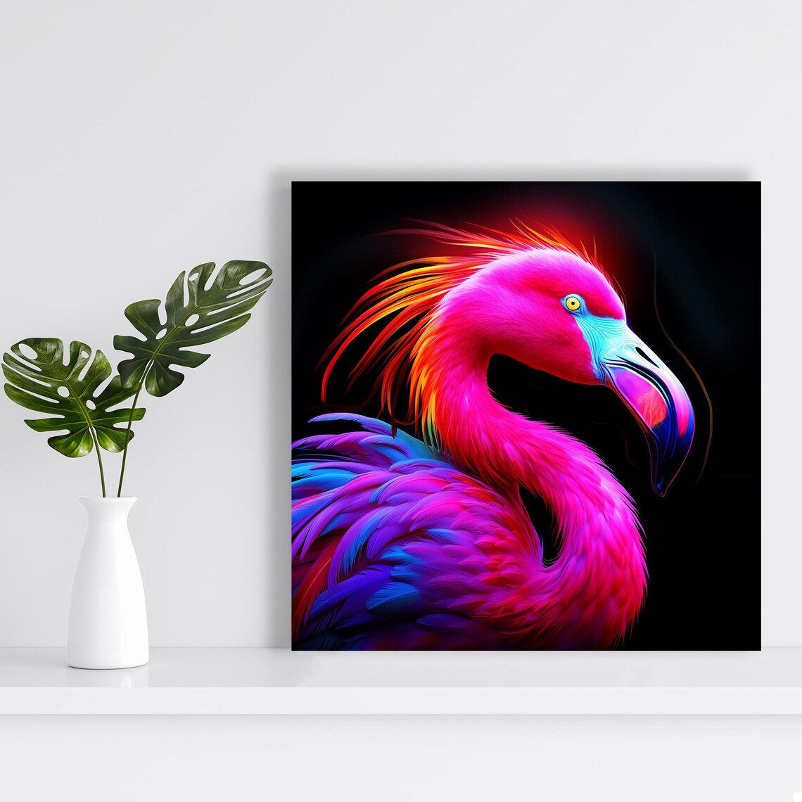 Neon Flamingo Portrait Vibrant Hot Pink Pop Art On Black Poster - Image 2
