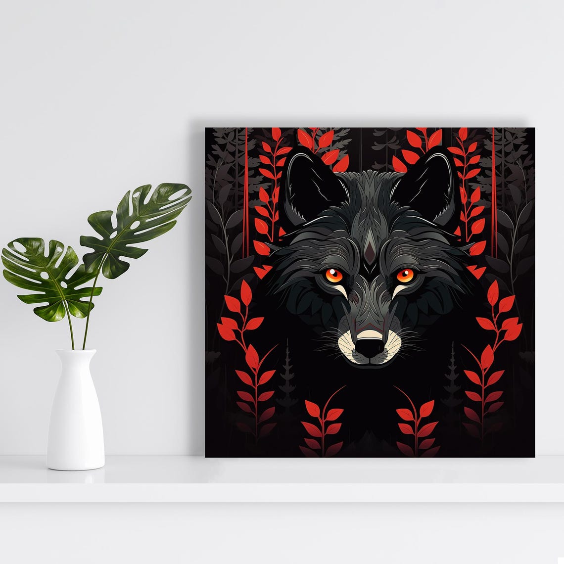 Black Wolf Red Eyes Dark Forest Botanical Gothic Nature Art Poster - Image 2