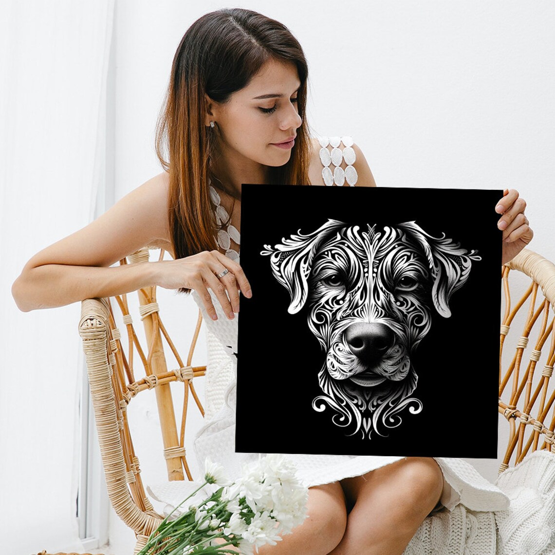 Symmetrical Dog Face White Filigree Line Art on Black Wall Poster - Image 3
