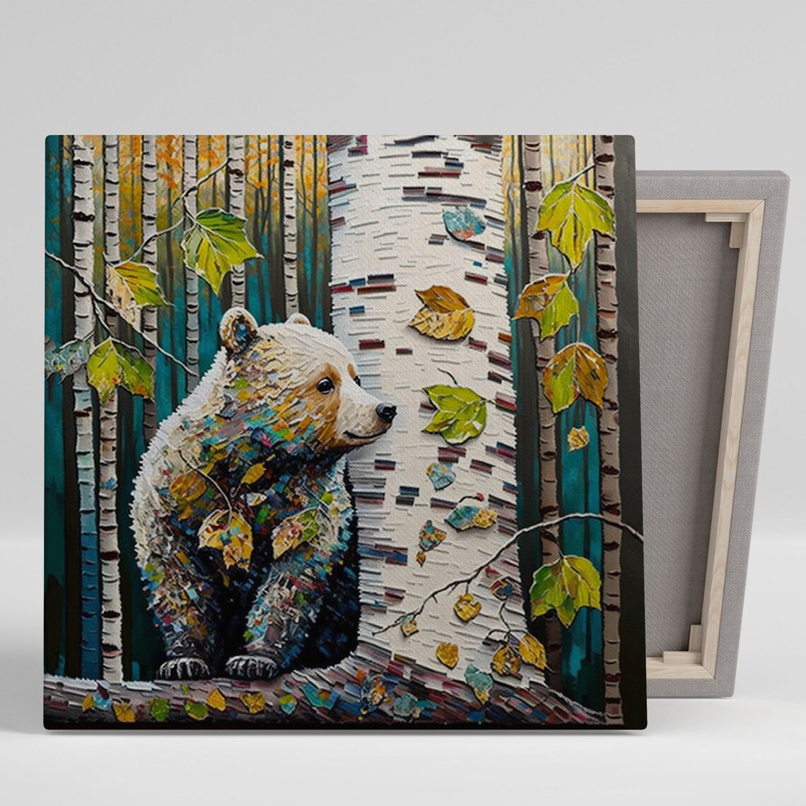 Birch Tree With Bear, Modern Nature Wall Art Print