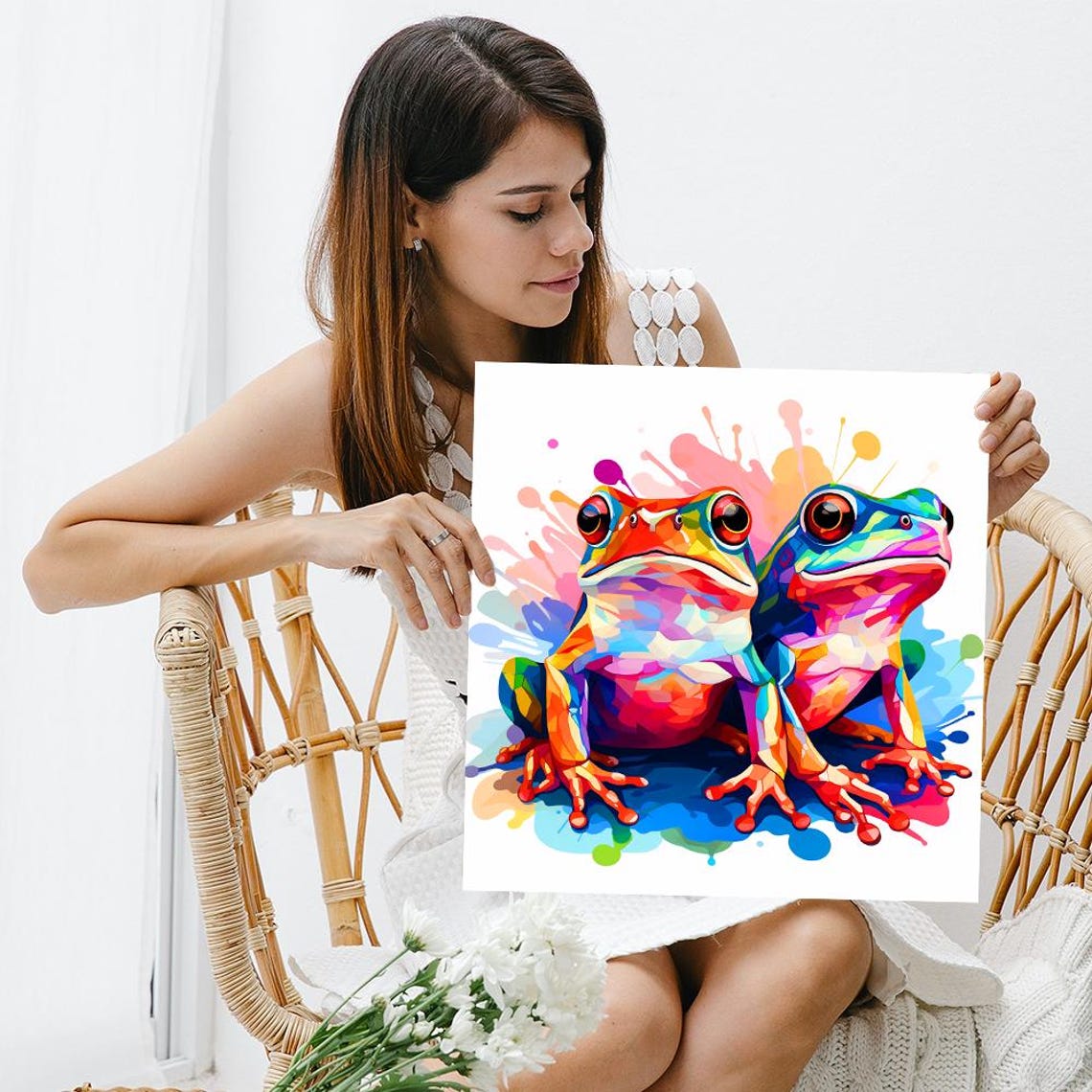 Colorful Tree Frog Duo Rainbow Pop Art Watercolor Splash Art Poster - Image 3