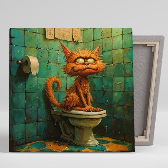 Grumpy Orange Cat Sitting On Toilet Funny Bathroom Animal Art Poster