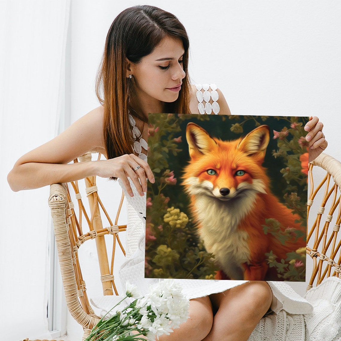 Red Fox Portrait Among Wildflowers Enchanted Forest Oil Wall Poster - Image 3