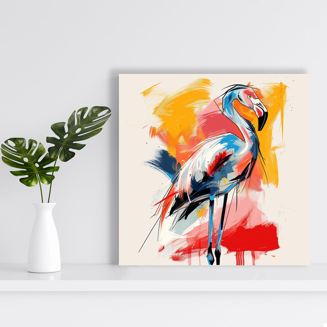 Abstract Flamingo Brushstroke Blue Red Yellow Modern Bird Wall Poster - Image 2