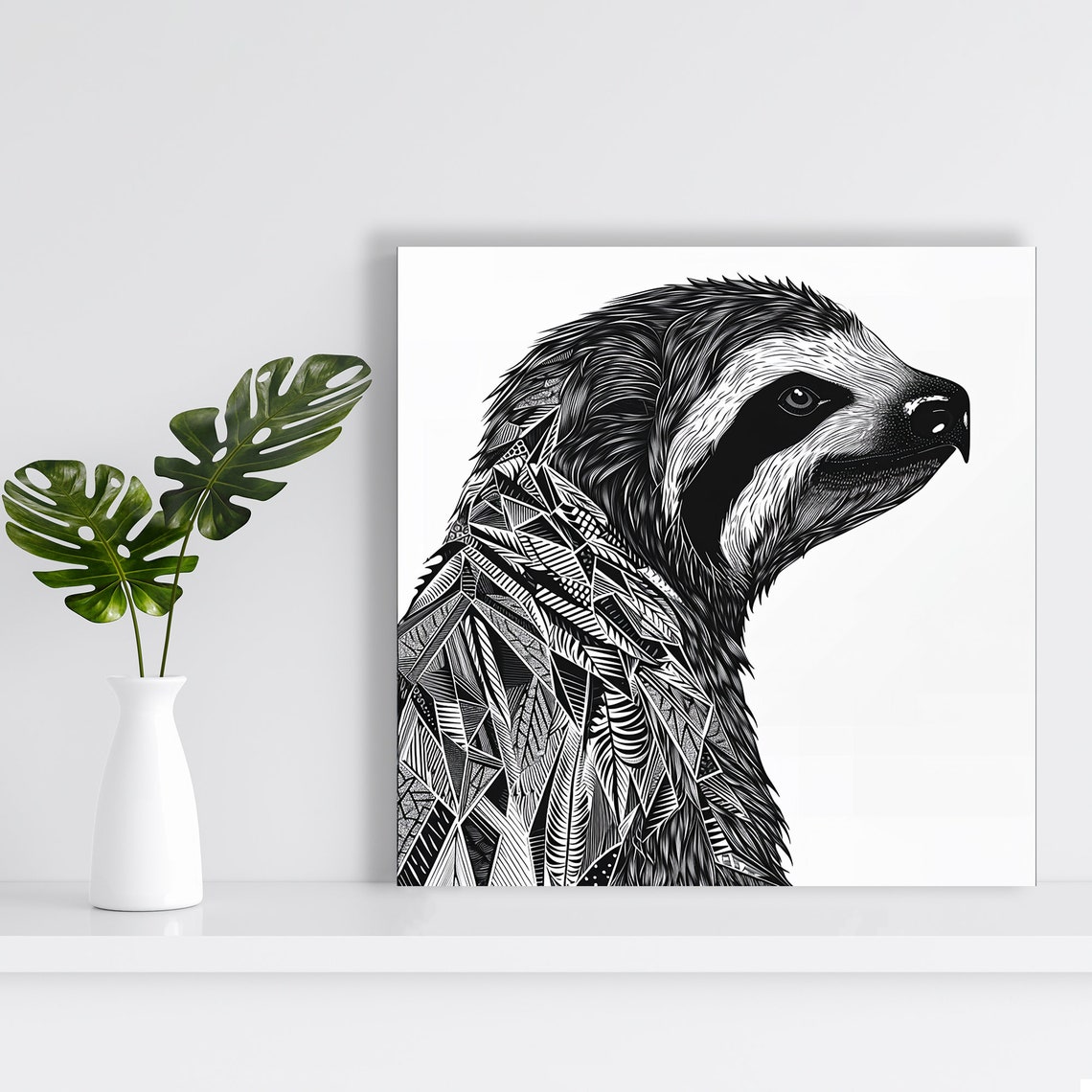 Geometric Sloth Profile Black White Line Art Modern Animal Poster - Image 2