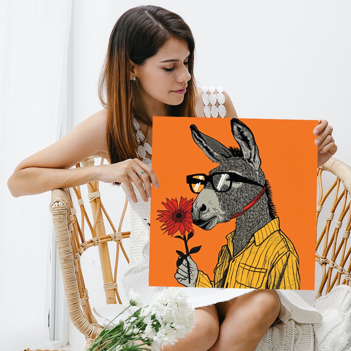 Hipster Donkey With Glasses Holding Red Flower Orange Art Poster - Image 3