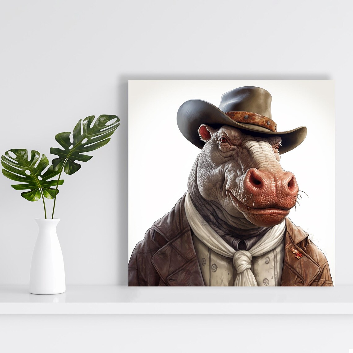 Cowboy Hippo Western Sheriff Hat Portrait Funny Animal Art Poster - Image 2