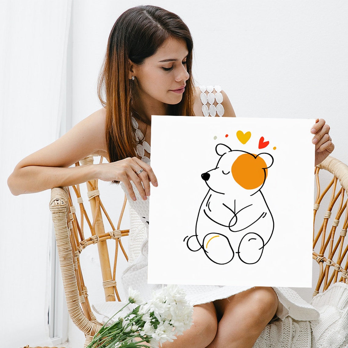 Cute Bear Self Hug Line Art Hearts Minimalist Nursery Poster - Image 3