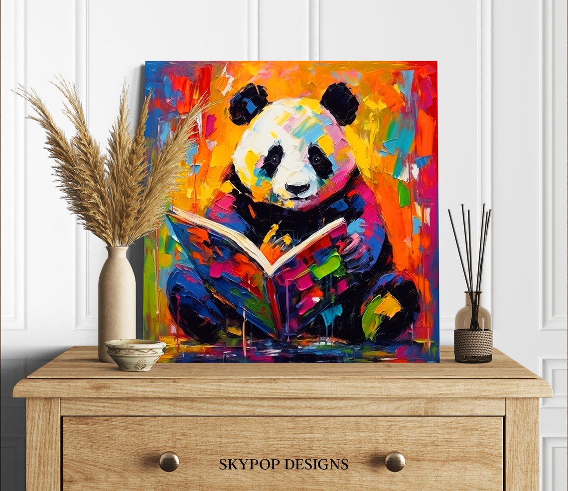Colorful Panda Reading Book Abstract Impasto Cute Library Poster - Image 2