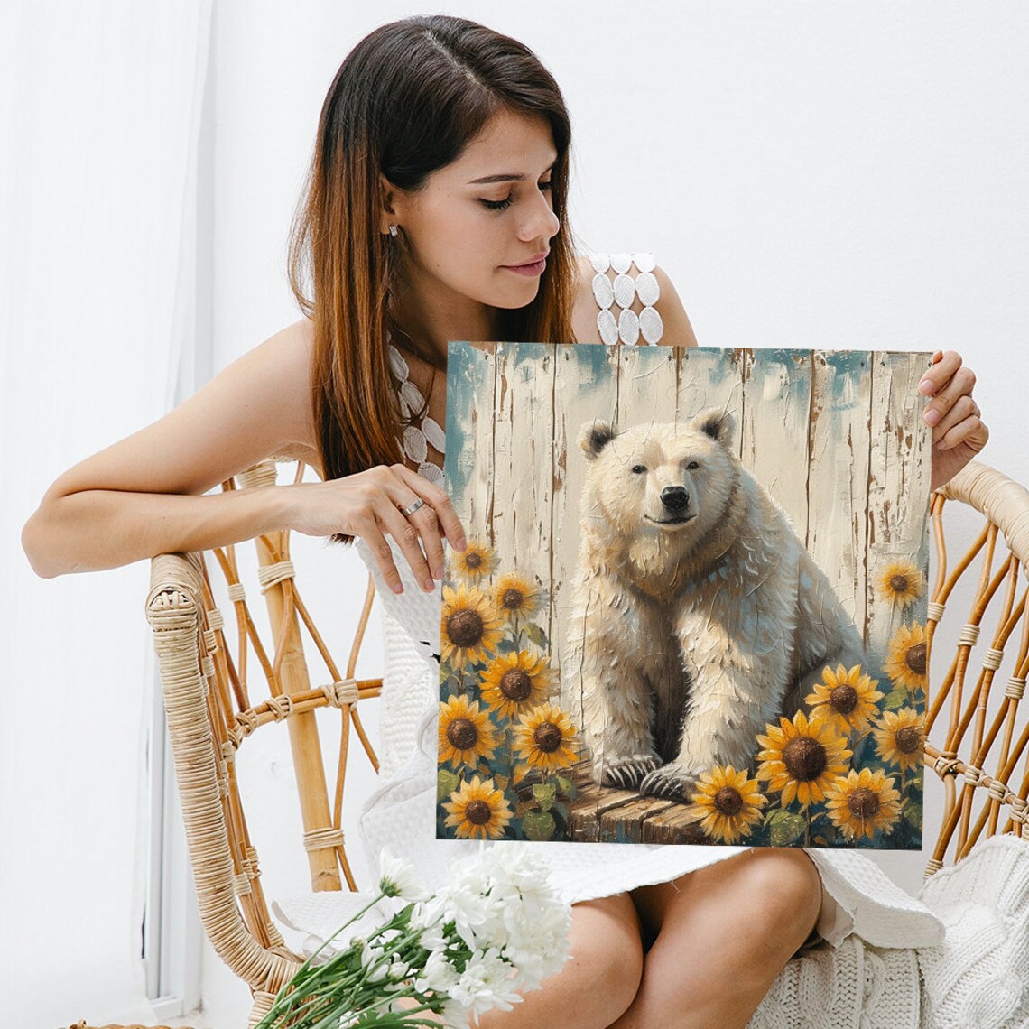 Polar Bear with Sunflowers Rustic Farmhouse Woodland Animal Wall Art - Image 3