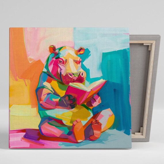 Hippopotamus Reading Book Colorful Pop Art Whimsical Nursery Animal Poster