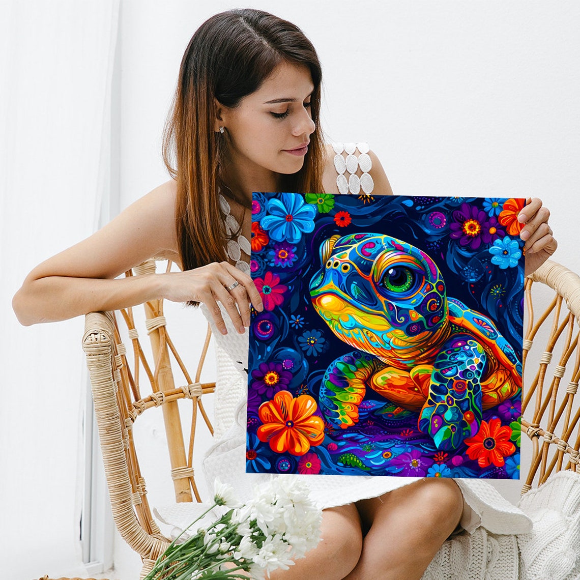 Psychedelic Sea Turtle Blooming Flowers Neon Bright Colorful Wall Art - Image 3