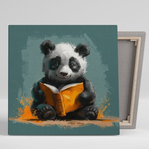 Adorable Baby Panda Reading Orange Book Teal Nursery Art Poster