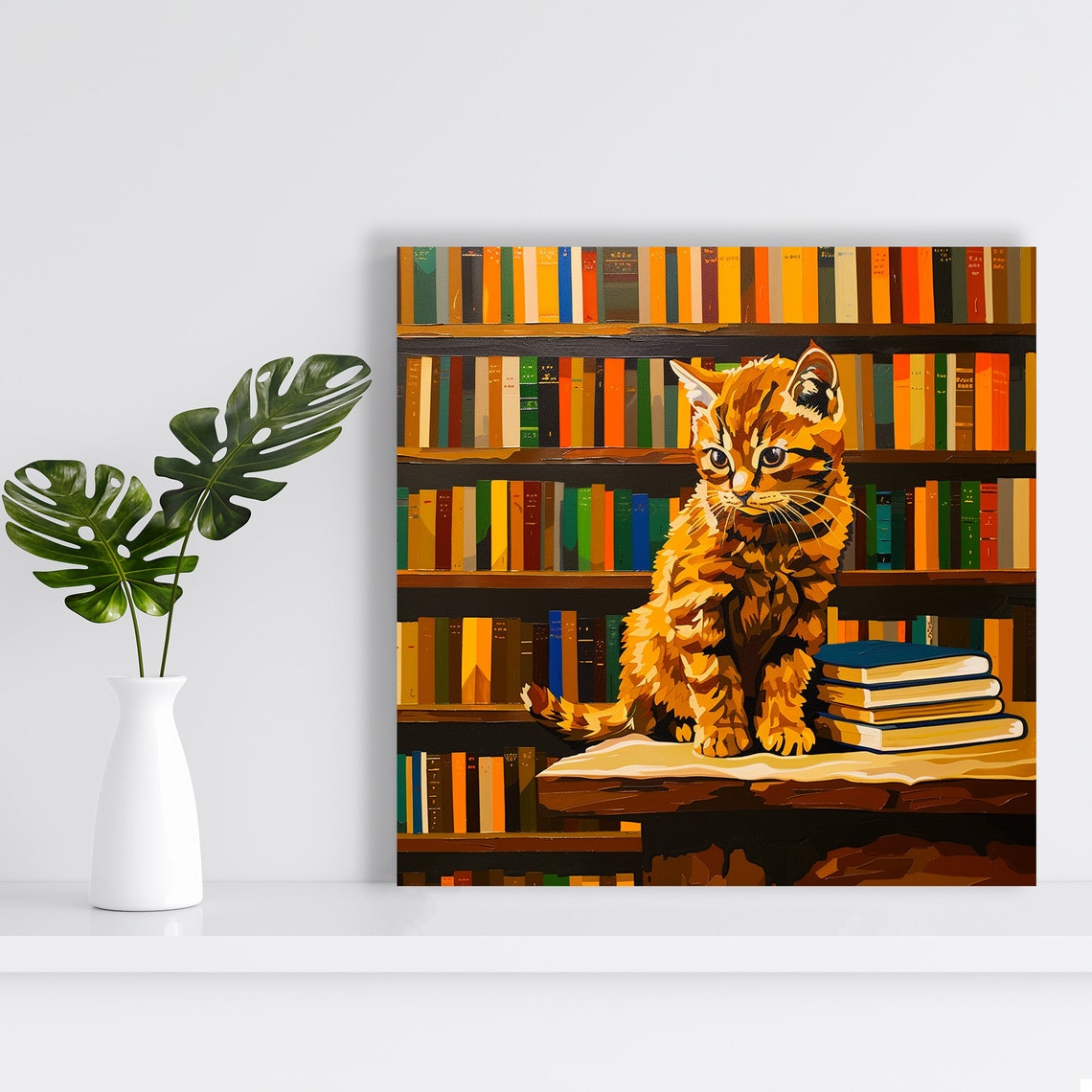 Adorable Orange Kitten Library Bookshelf Reading Scene Wall Art - Image 2