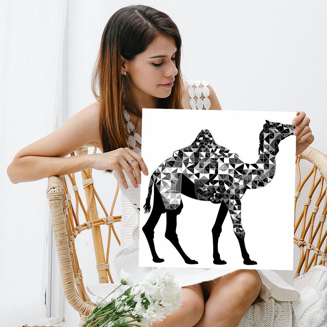 Geometric Mosaic Camel Black White Minimalist Animal Wall Art Poster - Image 3