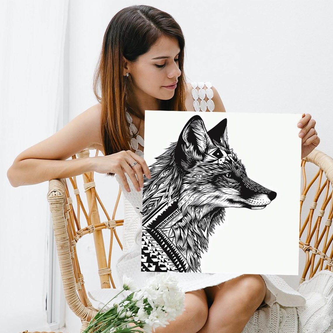 Wolf Head Profile Tribal Line Art Black and White Intricate Wall Art Poster - Image 3