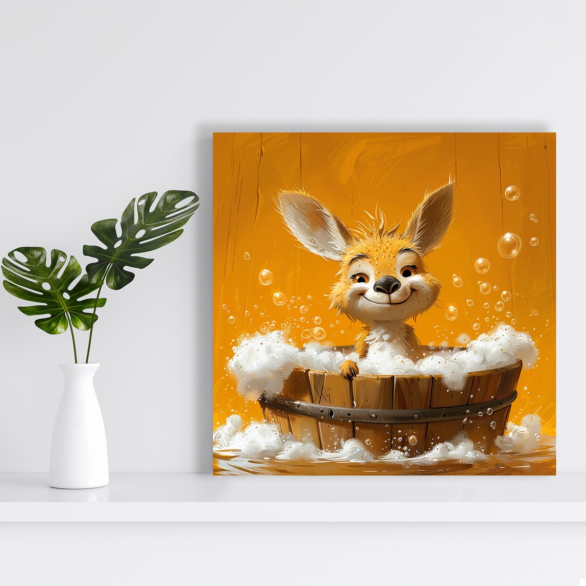 Bunny Bath Time Bubbly Wooden Tub Smiling Cartoon Cute Whimsical Poster - Image 2