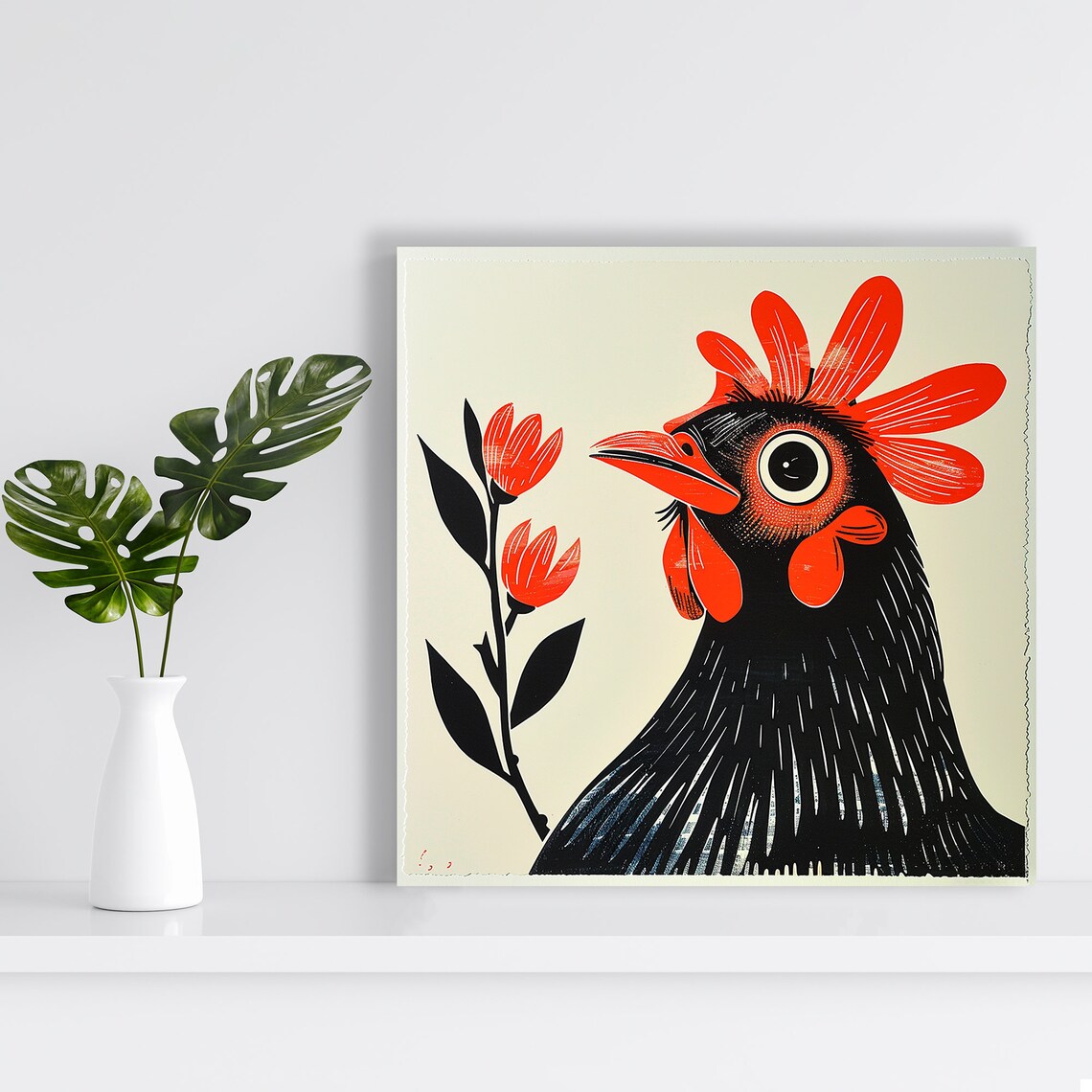 Retro Black Rooster With Red Comb Floral Vintage Folk Art Poster - Image 2