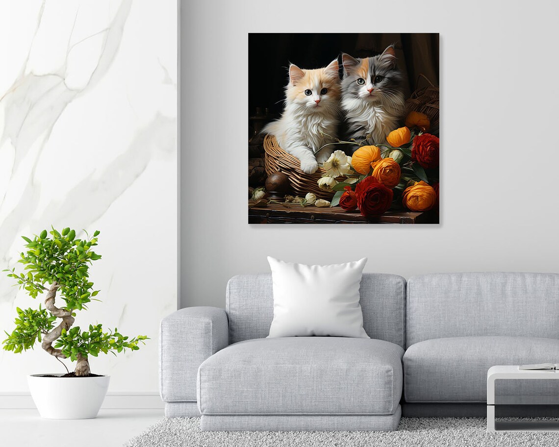 Two Cats With Flowers, Botanical Cat Art Print - Image 3